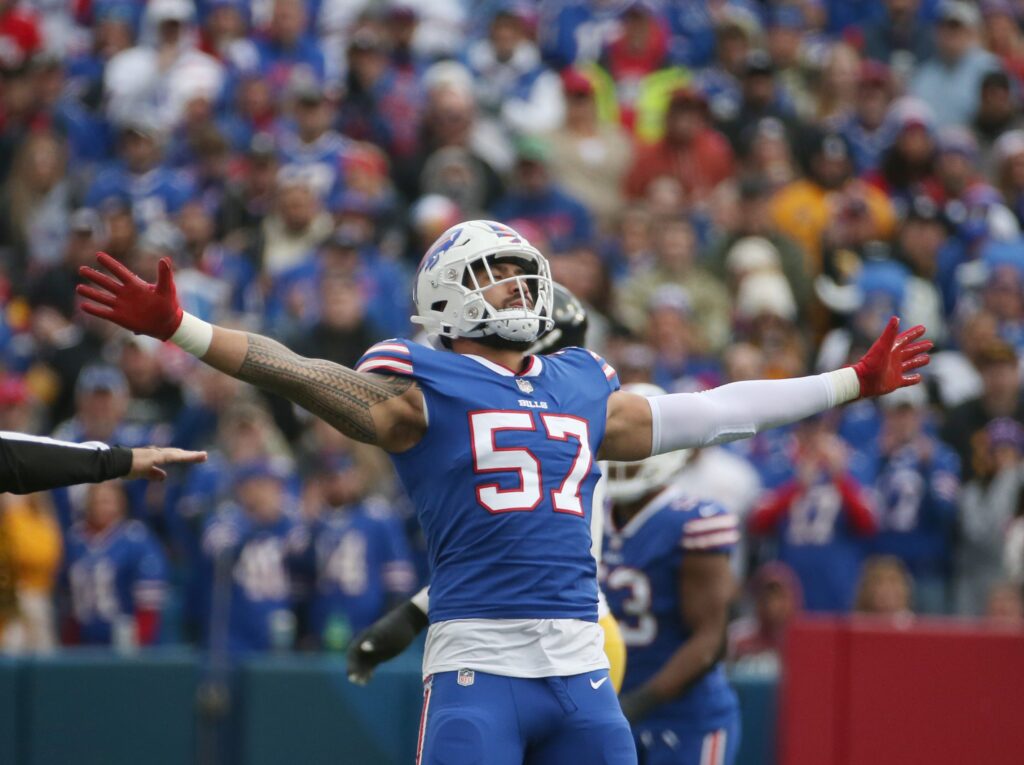 Bills defensive end A.J. Epenesa celebrates a big third down stop against Pittsburgh in the first half during their game Sunday, Oct. 9, 2022 at Highmark Stadium in Orchard Park. Sd 100922 Bills 17 Spts