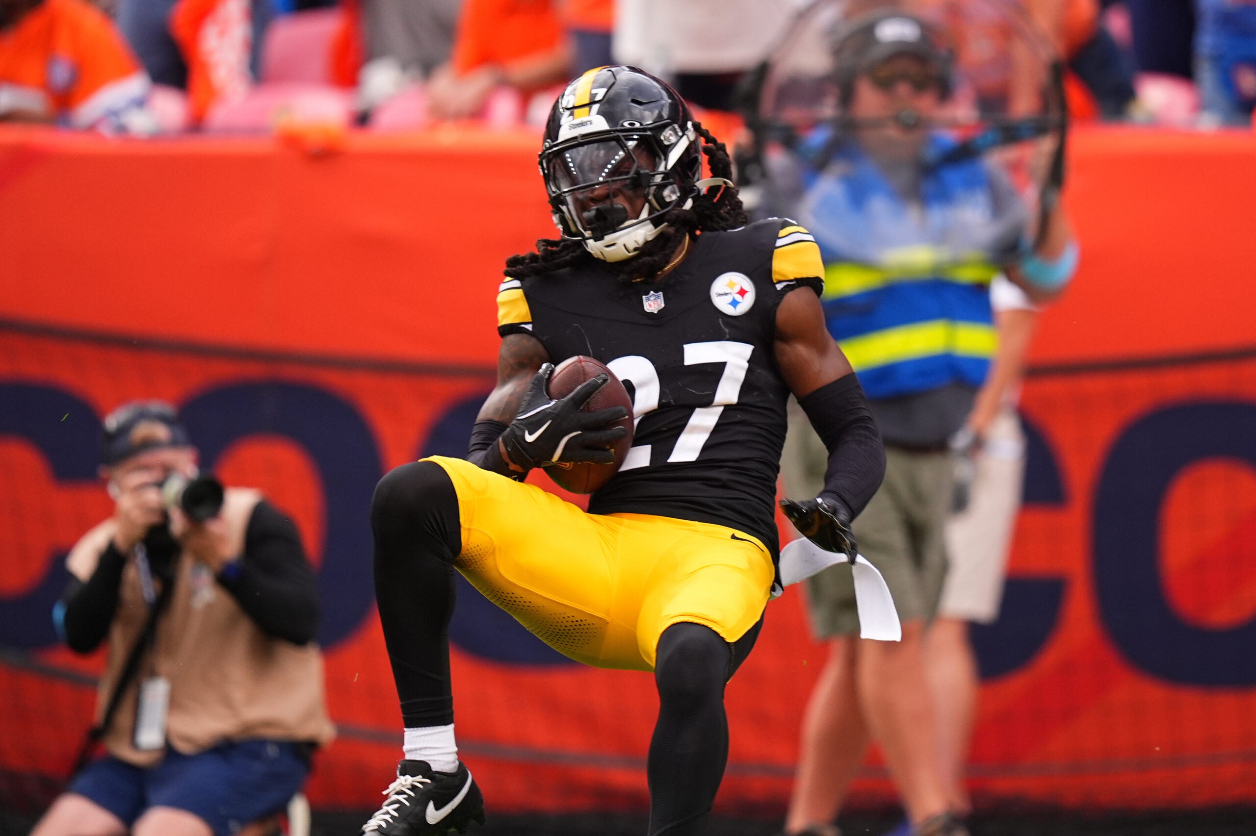 Sep 15, 2024; Denver, Colorado, USA; Pittsburgh Steelers cornerback Cory Trice Jr. (27) intercepts the ball in the fourth quarter against the Denver Broncos at Empower Field at Mile High.