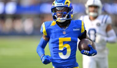 Sep 28, 2025; Inglewood, California, USA; Los Angeles Rams wide receiver Tutu Atwell (5) runs for a touchdown on an 88 yard pass play in the fourth quarter against the Indianapolis Colts at SoFi Stadium.