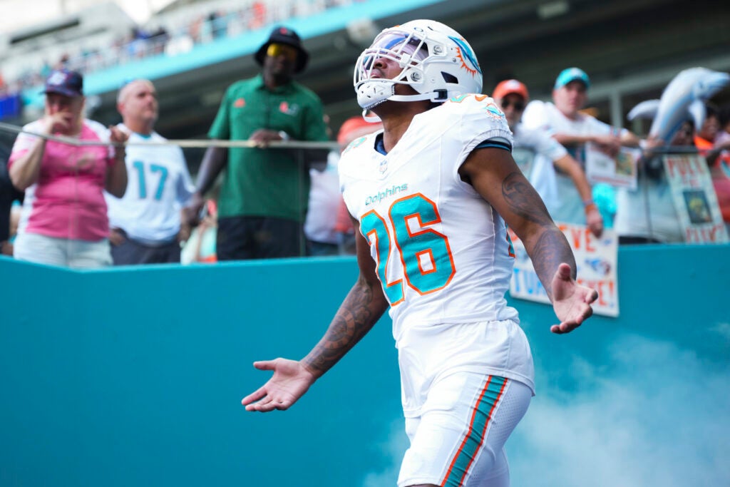 Oct 12, 2025; Miami Gardens, Florida, USA; Miami Dolphins cornerback Rasul Douglas (26) enters the field prior to a game against the Los Angeles Chargers at Hard Rock Stadium.