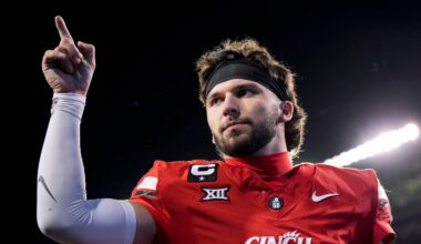 Oct 25, 2025; Cincinnati, Ohio, USA; Cincinnati Bearcats quarterback Brendan Sorsby points to fans as he walks off the field after defeating the Baylor Bears at Nippert Stadium.