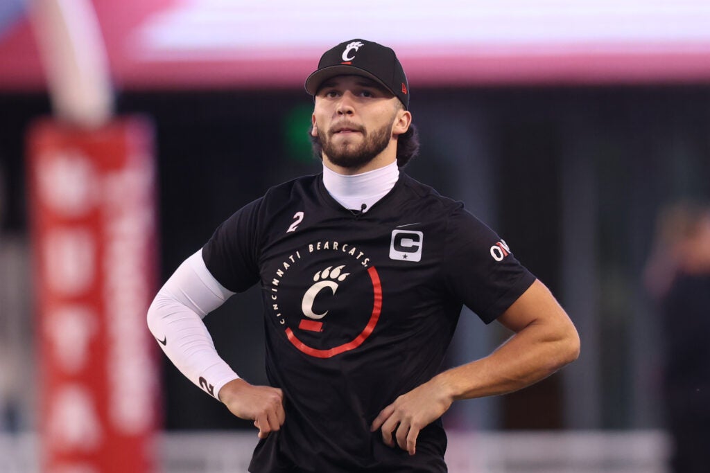 Nov 1, 2025; Salt Lake City, Utah, USA; Cincinnati Bearcats quarterback Brendan Sorsby (2) warms up before the game against the Utah Utes at Rice-Eccles Stadium.