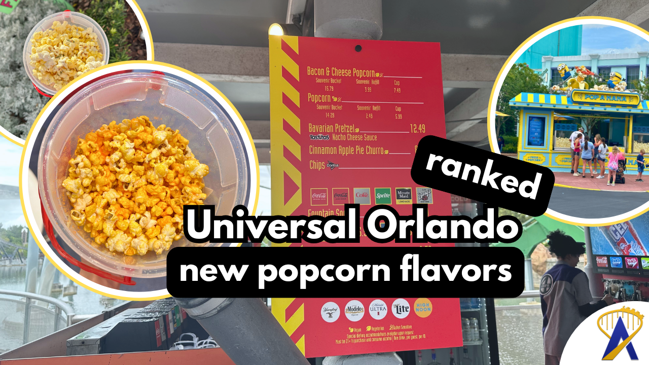 One of the best parts? These flavors are also available as an option with refillable popcorn buckets. We tried them all and are sharing where to find each one and how we'd rank them. Without further ado, let's get poppin'! P.S. Whether it's your first visit or you're a seasoned parkgoer, stay tuned for some refillable popcorn bucket hacks later in the article. New popcorn flavors at Universal Orlando Resort Here's how we would rank all the popcorn flavors, along with where to find them. A cup of flavored popcorn costs $7.49. 1. Garlic Parmesan Popcorn Location: Islands of Adventure, Seuss Landing, across from Cat in The Hat Our favorite flavor by far was the Garlic Parmesan Popcorn offered in Seuss Landing. It's perfectly salty and garlicky without leaving you with garlic breath. For a while, this flavor was only served inside Circus McGurkus Cafe Stoo-pendous. Now, you can grab it at the snack stand across from Cat in The Hat. 2. Bacon Cheese Popcorn Location: Islands of Adventure, Marvel Super Hero Island, across from Cafe 4 Runner-up on our list is the Bacon Cheese Popcorn in Marvel Super Hero Island. This flavor is heavy on the cheese with a light smoky bacon taste. If you're already a fan of cheddar popcorn, we highly recommend giving this one a try. 3. Ogre Corn Location: Universal Studios Florida, DreamWorks Land, Swamp Snacks stand, across from Shrek's Swamp Meet Regular popcorn isn't served at this stand — only green Ogre Corn. This popcorn has a delightful, light ranch flavor without becoming overly salty. We loved this one because you can still taste the popcorn, and the ranch seasoning isn't overpowering. 4. Maple Bourbon Habanero Popcorn Location: Islands of Adventure, Toon Lagoon near Popeye & Bluto's Bilge-Rat Barges and Jurassic Park near The Watering Hole This Maple Bourbon Habanero popcorn can be found in two places inside Islands of Adventure. If you love a bit of sweet heat, you'll love this popcorn. It's perfectly sweet and spicy with a nice smoky flavor. Other popcorn flavors offered at Universal Orlando Caramel Popcorn Location: Near the Islands of Adventure park exit This stand has been around for a while and can sometimes be hard to catch in operation, but the caramel popcorn is especially delicious. Banana Popcorn Location: Universal Studios Florida, Minion Land, next to Illumination's Minion Cafe Snack like a Minion at the Pop-A-Nana stand with banana-flavored popcorn. This variety is similar to caramel corn with a sweet, crunchy coating. If you love bananas, you'll love this flavor. Refillable popcorn bucket cost Refillable popcorn buckets range in price depending on the design. More intricate character buckets typically cost between $20 and $30, while the clear glitter buckets cost $14.29. Each purchase includes one free plain popcorn refill. Once you already have a refillable bucket, refill prices are: Plain popcorn refill: $2.49 Flavored popcorn refill: $3.99 Universal Orlando flavored popcorn ranked