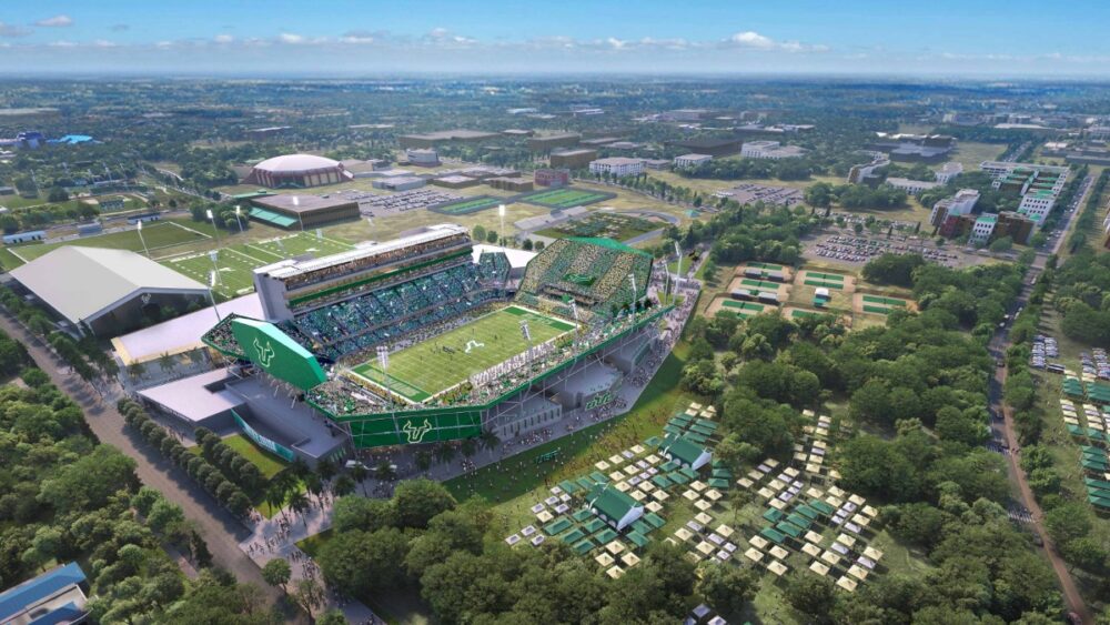 Exterior view of the USF TGH Center for Athletic Excellence connected to the new on-campus football stadium.
