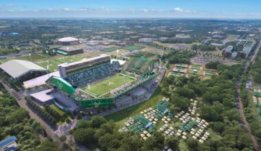 Exterior view of the USF TGH Center for Athletic Excellence connected to the new on-campus football stadium.