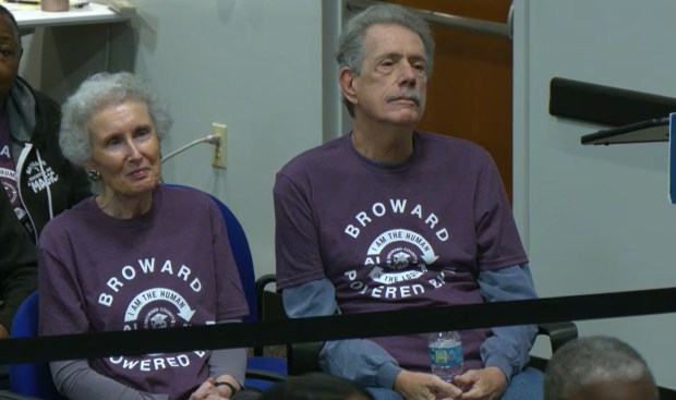 Lucretia and Wayne Weiner attended a meeting March 10 where the Broward School Board accepted their $1.2 million donation for an artificial intelligence initiative. Some board members now have second thoughts. (BECON / Screen Grab)