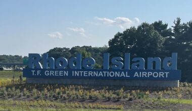 One of the "Rhode Island: T.F Green International Airport" signs on Interstate 95 in Warwick, R.I.