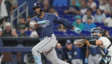 Tampa Bay Rays' Yandy Díaz strikes out during the first inning of a baseball game against the Miami Marlins Saturday, June 6, 2026, in Miami. (AP Photo/Marta Lavandier)