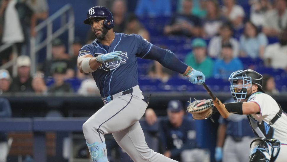Tampa Bay Rays' Yandy Díaz strikes out during the first inning of a baseball game against the Miami Marlins Saturday, June 6, 2026, in Miami. (AP Photo/Marta Lavandier)