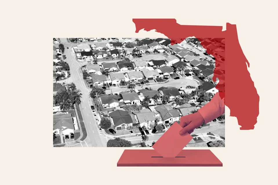 A Newsweek graphic of a hand casting a vote in front of a backdrop of houses and a silhouette of Florida.