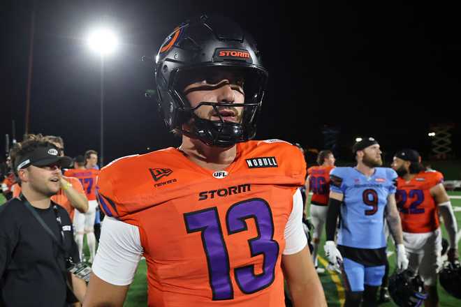 FORT HOOD, TEXAS - MAY 15: Jack Plummer #13 of the Orlando Storm reacts after the victory against the Dallas Renegades at Phantom Warrior Stadium on May 15, 2026 in Fort Hood, Texas. (Photo by Stacy Revere/UFL/Getty Images)