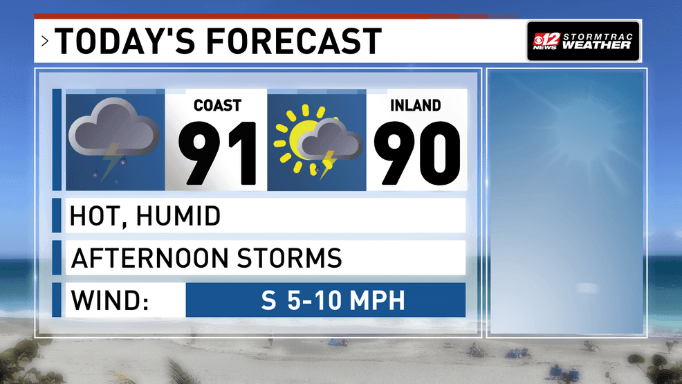 Heat and humidity are sticking around for Sunday's forecast. Afternoon storms will be more widespread, making their way closer to the coast today. (WPEC)
