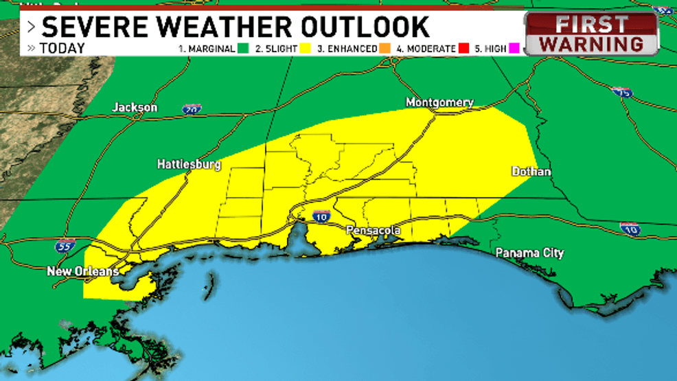 On this map, the yellow color shows which areas are under a level two out of five risk for severe weather. The green areas are a level one out of five.