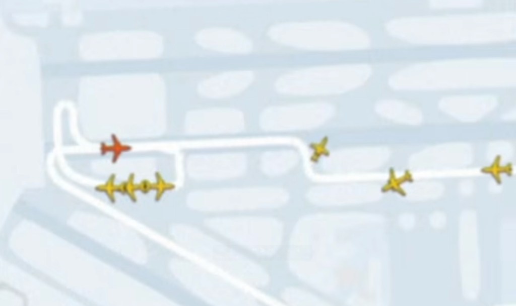 Illustration of an American Airlines plane aborting takeoff as another jet enters the runway.