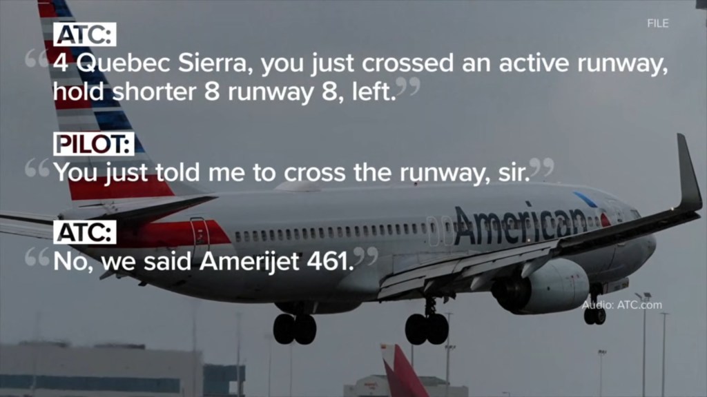 An American Airlines plane in mid-air with text overlays of a radio exchange between ATC and a pilot about crossing an active runway.