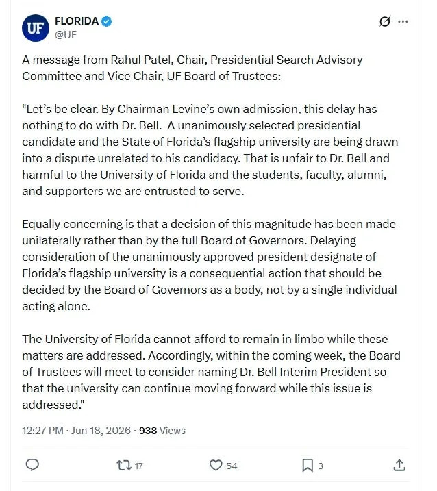 Board of Trustees Vice Chair Rahul Patel responds to postponement of Dr. Stuart Bell's confirmation vote.