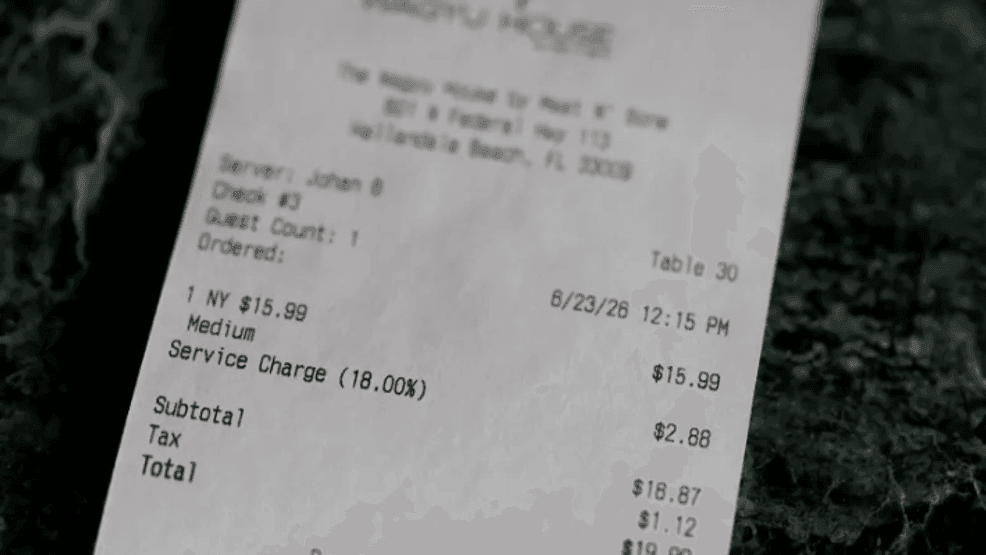 An 18% service charge is printed as a line item on each bill at The Wagyu House in Hallandale Beach. (Amy Beth Bennett/South Florida Sun Sentinel)