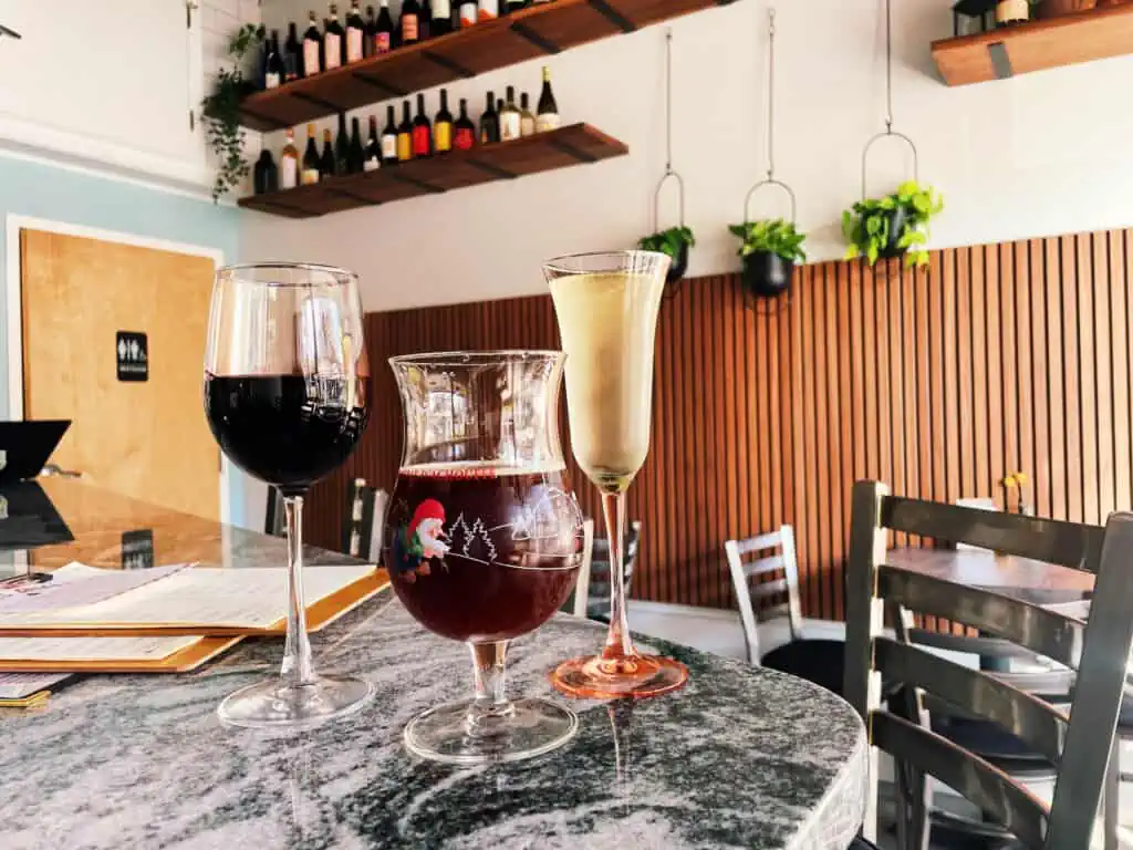 A selection of wine, beer, and bubbles on the bar