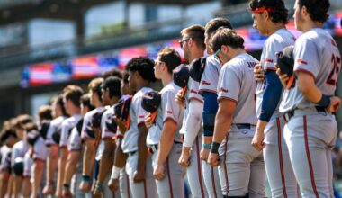 Virginia baseball players lined up for national anthem