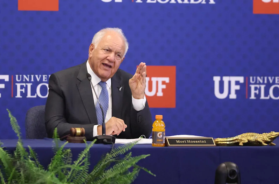 University of Florida Board of Trustees Chair Mori Hosseini addresses trustees before an interview with presidential finalist Stuart Bell on June 10, 2026, at Emerson Alumni Hall in Gainesville.