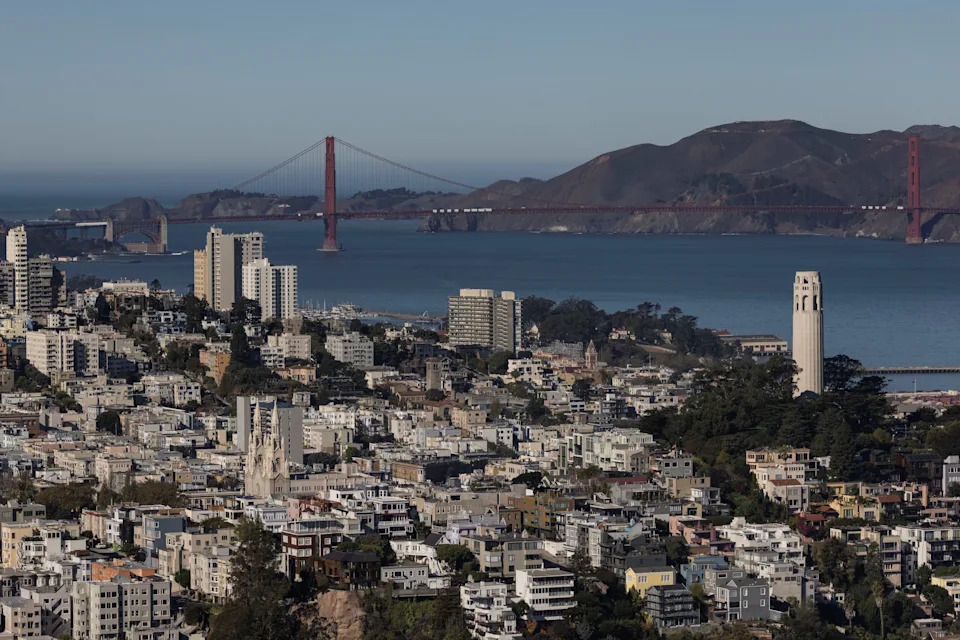 An aerial view of the city of San Francisco skyline and the Golden Gate Bridge in California, U.S., October 28, 2021.