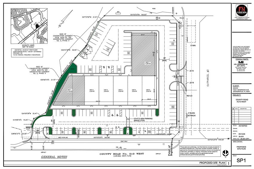 The site plan shows seven units, with one 6,288 square feet, one 4,130-square-foot and five at 2,353 square feet each. The site plan shows seven units, with one 6,288 square feet, one 4,130-square-foot and five at 2,353 square feet each.