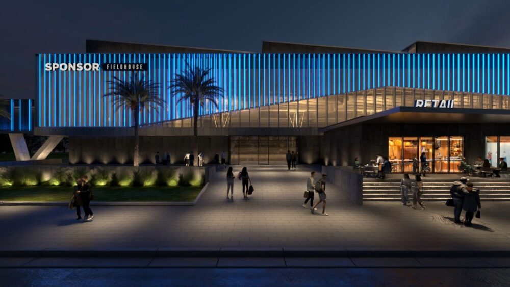 Entrance rendering of the proposed MOSI Fieldhouse showing retail space and public gathering areas.