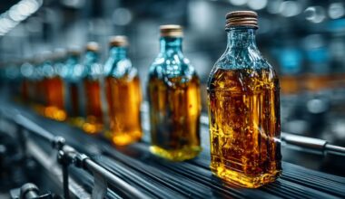 Bottles of amber-colored liquor move along a production line at a beverage manufacturing facility.