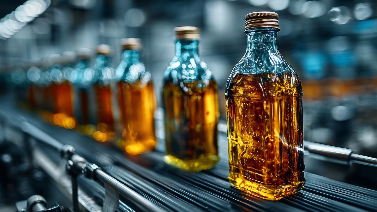 Bottles of amber-colored liquor move along a production line at a beverage manufacturing facility.