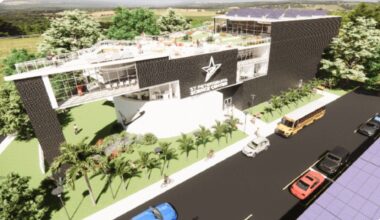 Rendering of the proposed St. Petersburg Science Center redevelopment showing a multi-story AI and education campus with a rooftop event space, restored rotunda, outdoor gathering areas and school bus access.