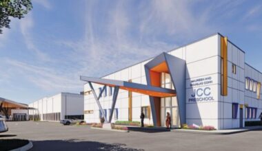 Rendering of the proposed JCC Preschool at the Tampa JCC campus, showing the main entrance, covered drop-off area and two-story classroom building.
