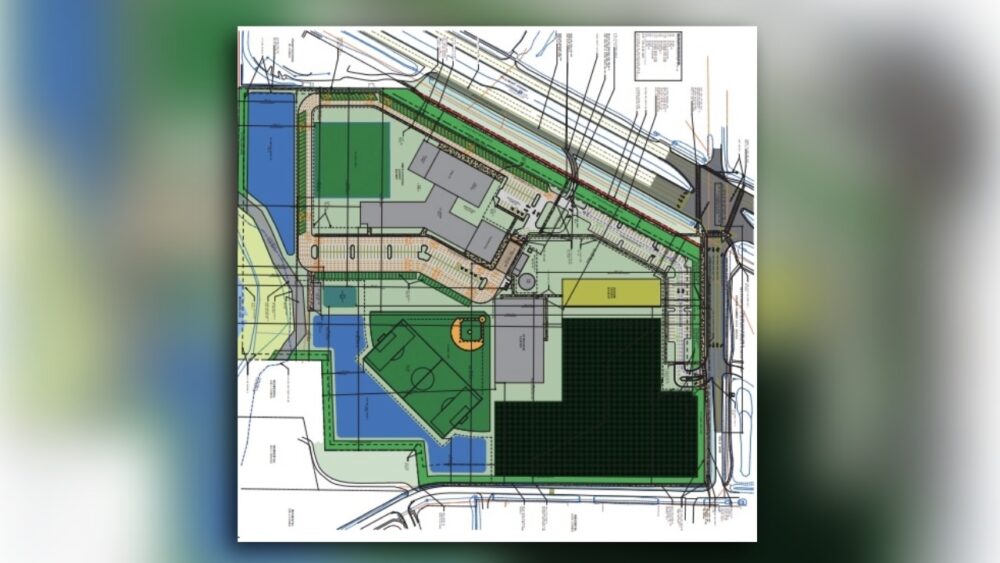 Site plan for Apex Academy showing school buildings, athletic fields, parking areas and stormwater ponds.