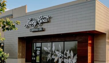 Exterior of a Lucky Goat Coffee café with the company's signage above the entrance.