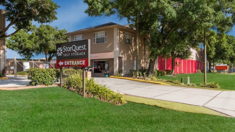 StorQuest Self Storage facility at 5002 S. Manhattan Ave. in South Tampa, featuring the entrance sign, office building and drive-up storage units.
