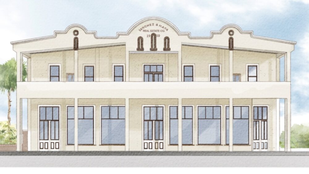 Architectural rendering of the restored Sanchez y Haya Building in East Tampa, showing the two-story facade planned by J.C. Newman.