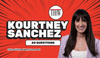 Graphic promoting TBBW’s 20 Questions feature with Kourtney Sanchez, CEO of United Way Suncoast.