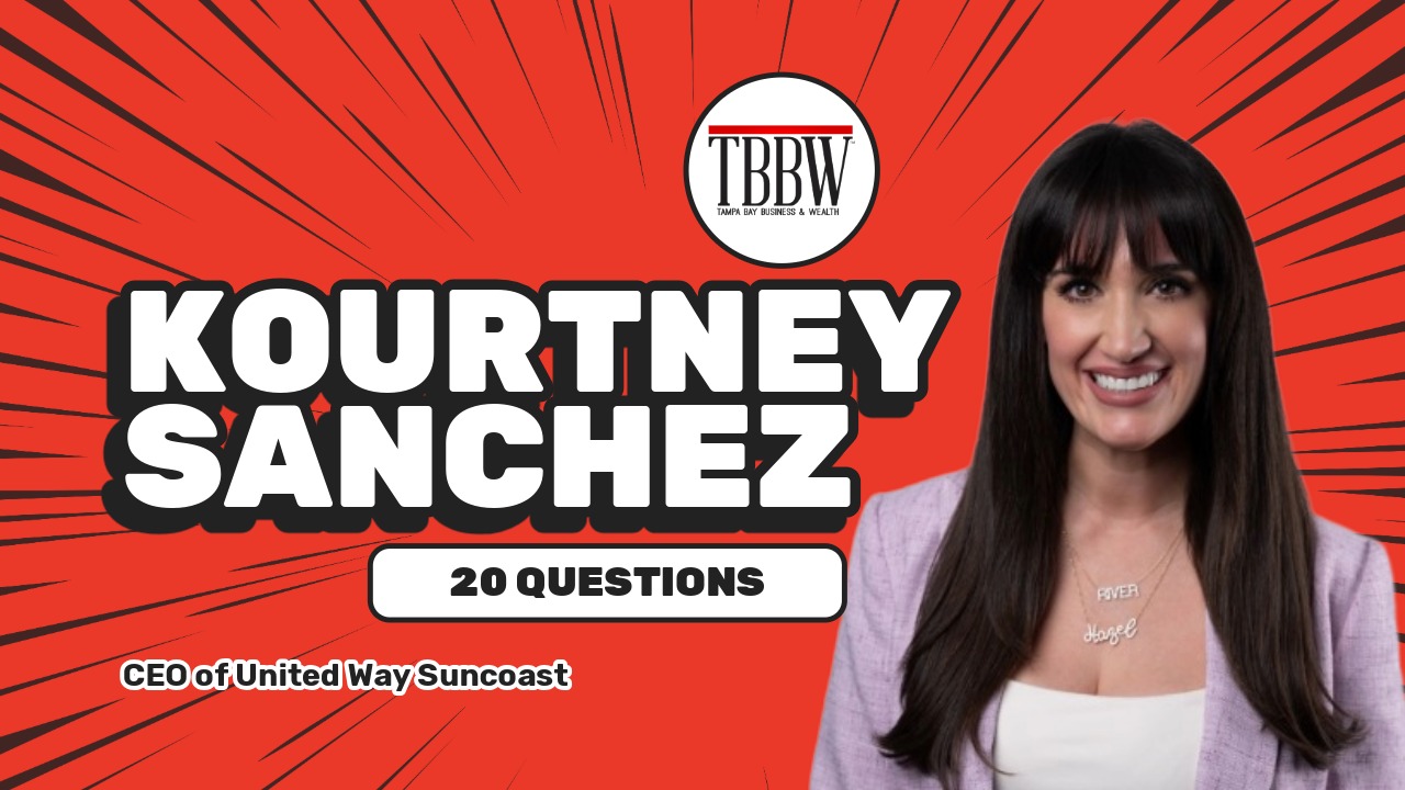 Graphic promoting TBBW’s 20 Questions feature with Kourtney Sanchez, CEO of United Way Suncoast.
