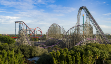 Aerial view of Busch Gardens Tampa Bay with Iron Gwazi and other roller coasters rising above the park's landscape.