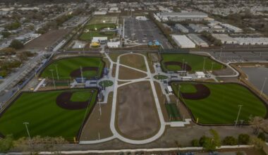 Aerial view of the Sprowls Horizon Sports Complex in Pinellas Park, featuring multiple baseball and softball fields, parking areas and tournament facilities.