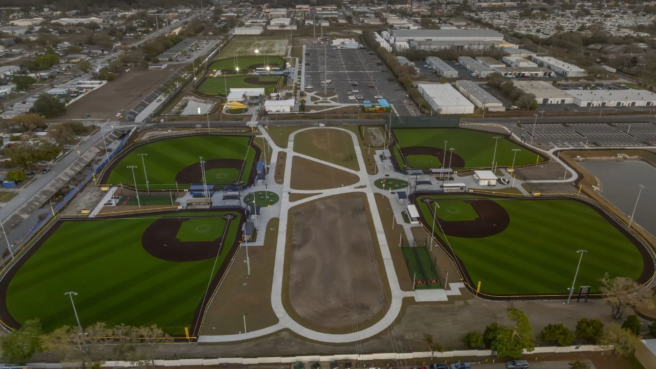 Aerial view of the Sprowls Horizon Sports Complex in Pinellas Park, featuring multiple baseball and softball fields, parking areas and tournament facilities.