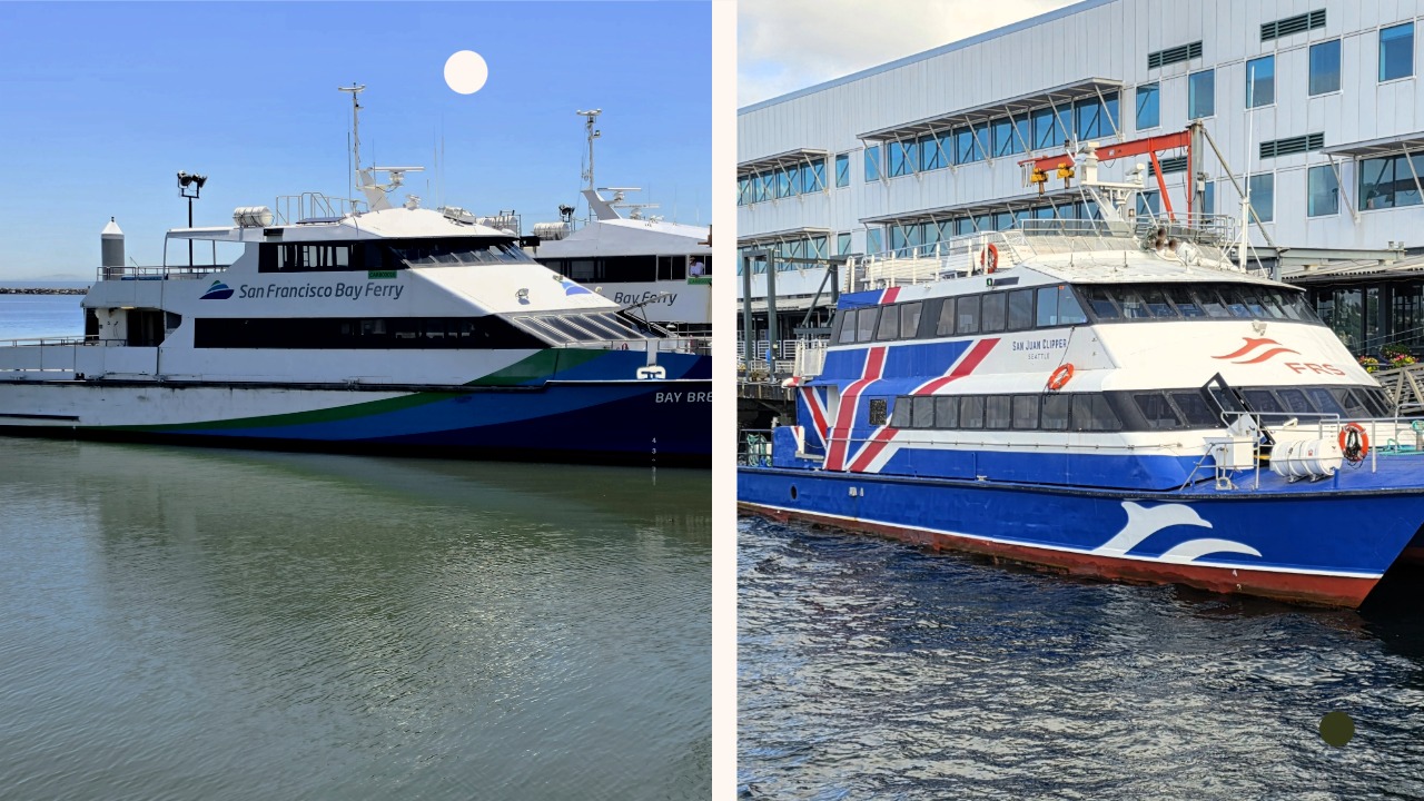 Bay Breeze and Clipper, the two vessels purchased for the future Tampa Bay Ferry service, shown in California and Seattle before refurbishment and transport to Florida.