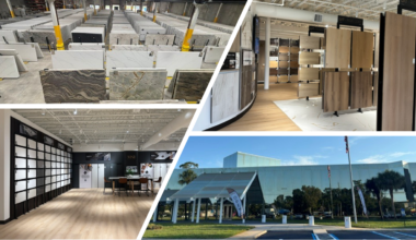 Collage showing the MSI Jacksonville showroom and vast inventory.