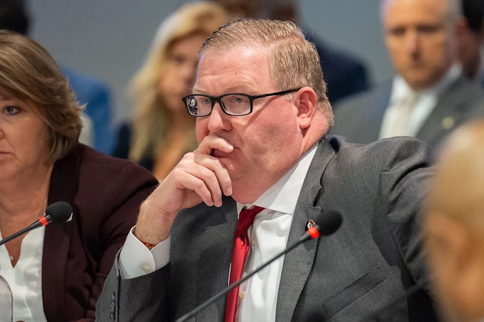 FSU Senior Vice President for Finance and Administration Kyle Clark listens as the City of Tallahassee, Florida State University and Tallahassee Memorial HealthCare meet to discuss the sale of the hospital Wednesday, October. 1, 2025.