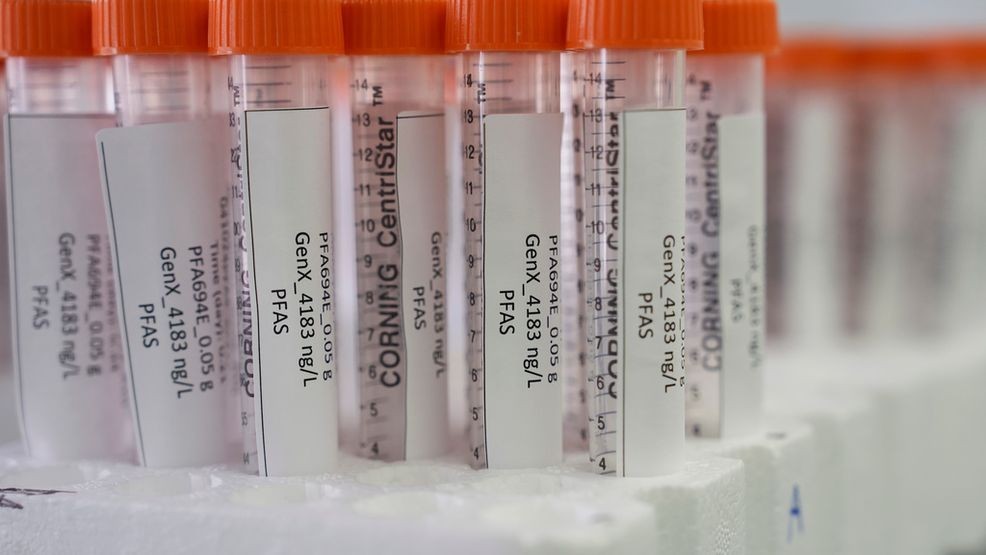 FILE - Vials containing samples of forever chemicals, known as PFAS, sit in a tray, April 10, 2024, at a U.S. Environmental Protection Agency lab in Cincinnati. (AP Photo/Joshua A. Bickel, File)