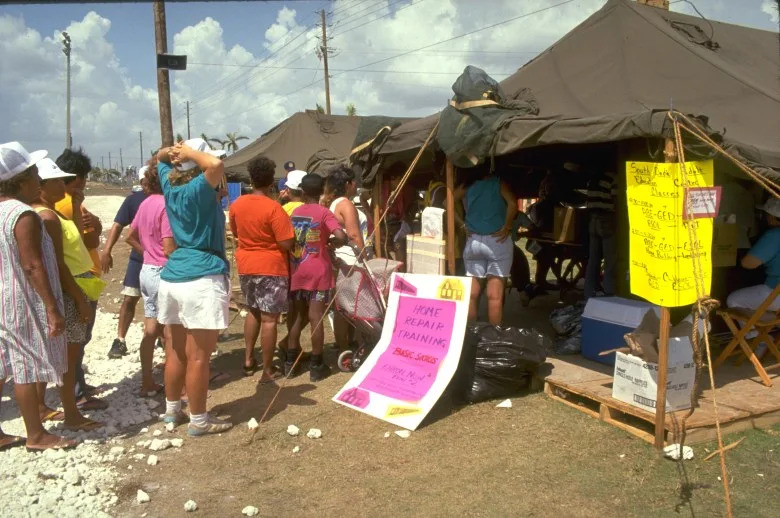 The Federal Emergency Management Agency provided food, water, clothing, and temporary housing for those who were affected by Hurricane Andrew in 1992. One million people were evacuated and 54 died in the hurricane. (FEMA Photos by Bob Epstein/Released)