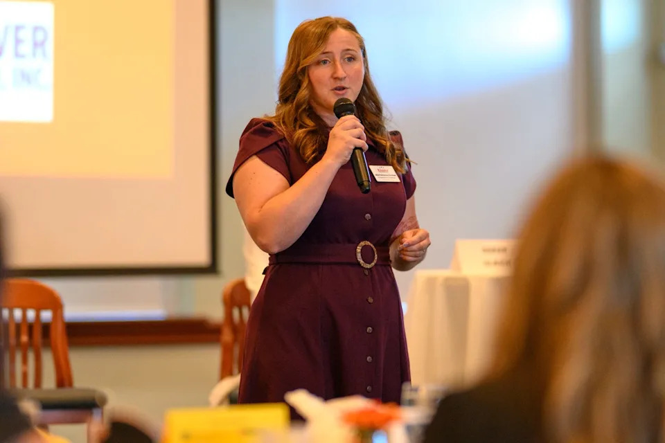 Marialana Kinter, Democratic candidate for U.S. House in Florida's 7th District, speaks at a forum in Daytona Beach on June 11, 2026.