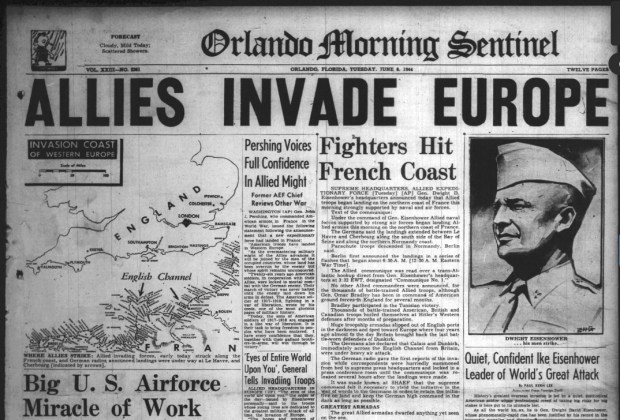 Orlando Morning Sentinel front page from June 6, 1944 (Orlando Sentinel File)