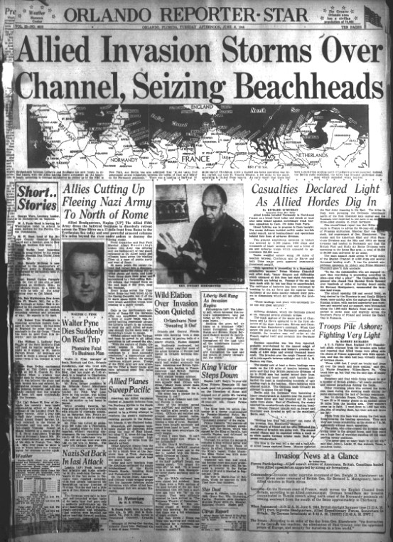The afternoon Orlando Reporter-Star front page from June 6, 1944. (Orlando Sentinel File)