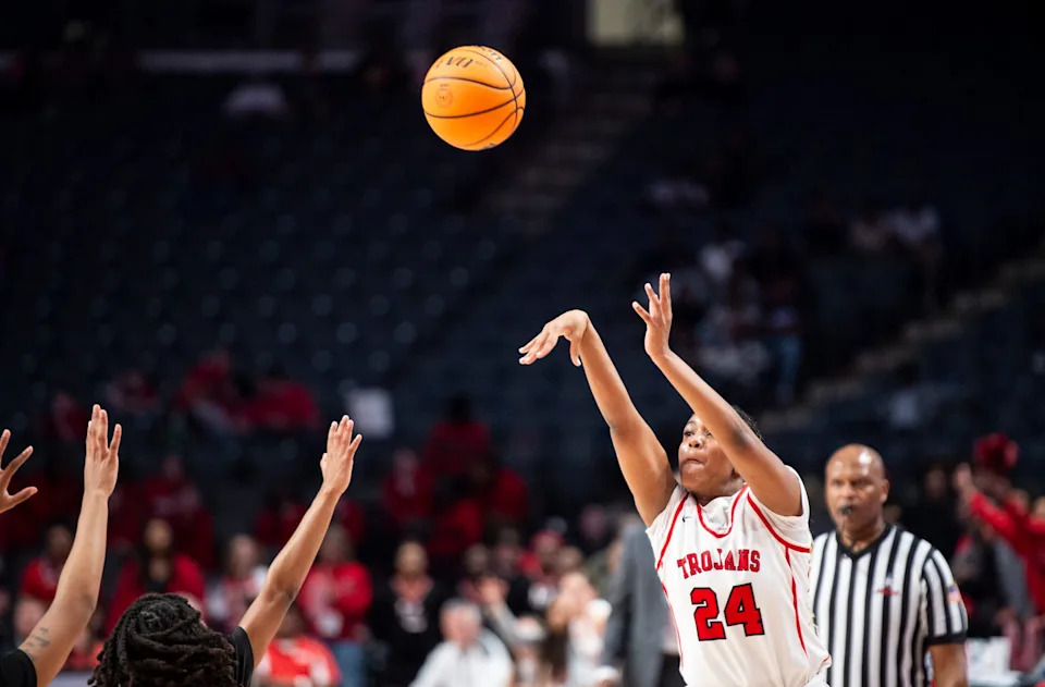 Hazel Green's Kristen Johnson (24) takes a jump shot during the AHSAA Class 6A girls basketball state championship at Legacy Arena in Birmingham, Ala. on Saturday, March 7, 2026. Hazel Green leads Park Crossing 30-27 at halftime.
