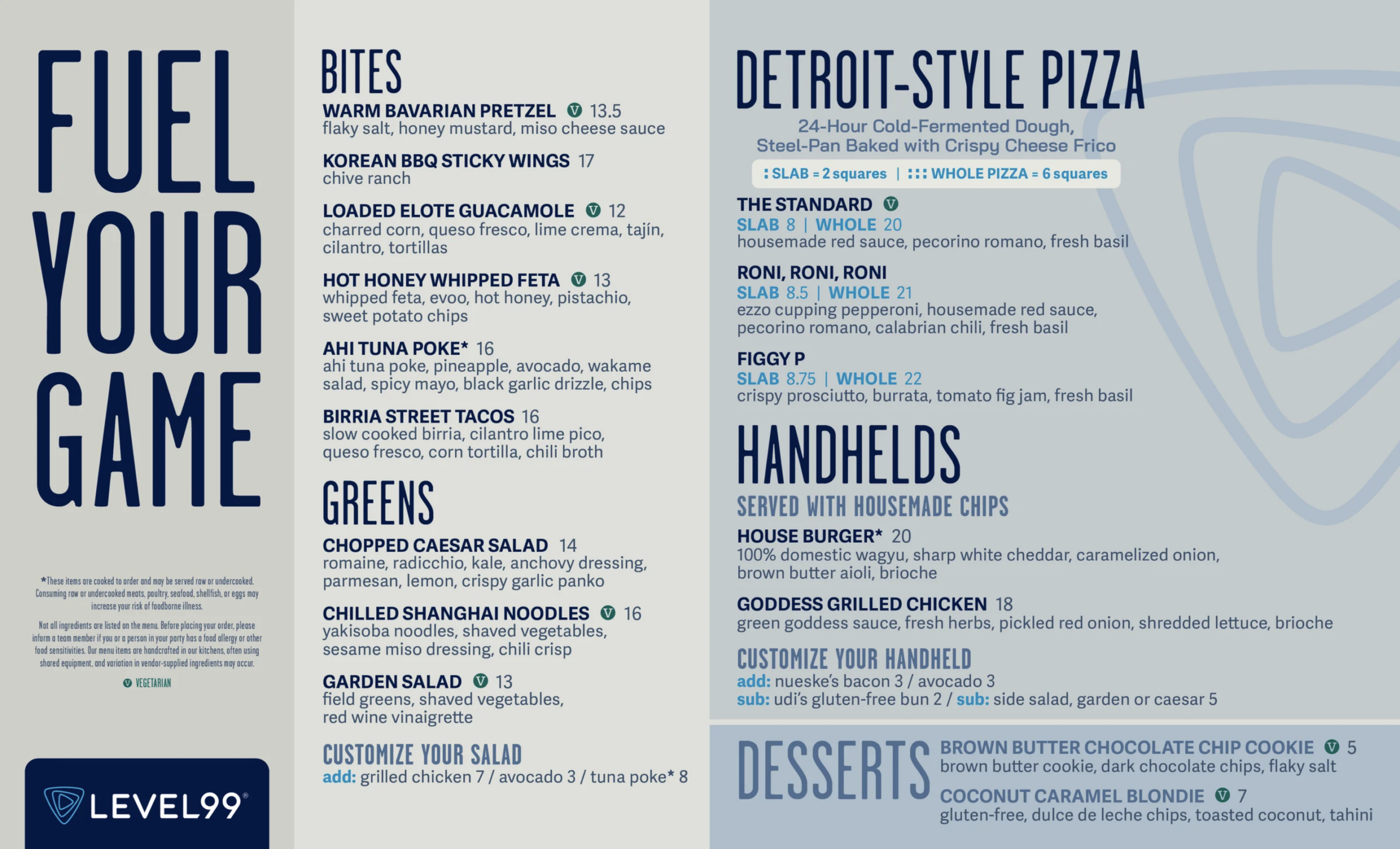 Level99 at Disney Springs menu